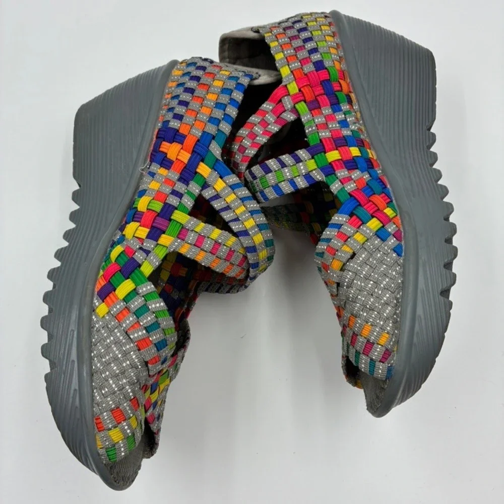 Bernie Mev Comfi Mary Jane 38/US 7 Rainbow Woven Wedge Sandals‎ Peep Toe Elastic